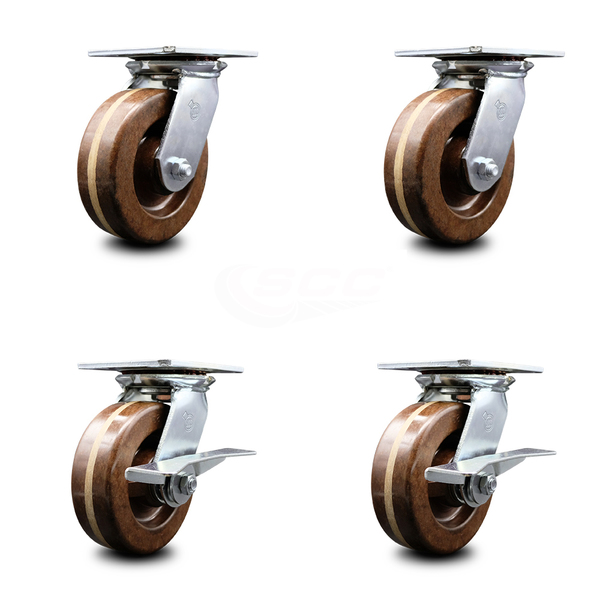 Service Caster 6 Inch High Temp Phenolic Swivel Caster Set with Roller Bearings 2 Brakes SCC SCC-35S620-PHRHT-2-SLB-2